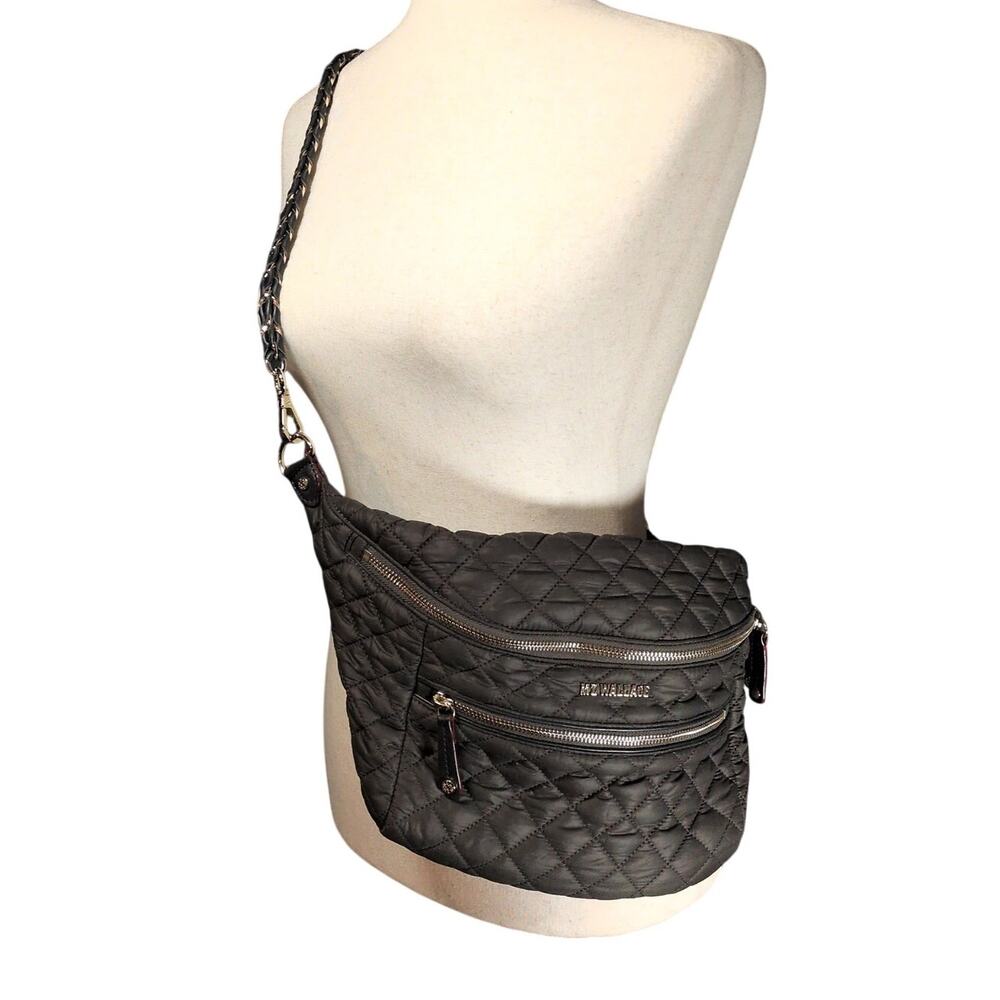 MZ Wallace Crosby Crossbody Sling Bag Gray Quilted Nylon Zip Purse *READ
